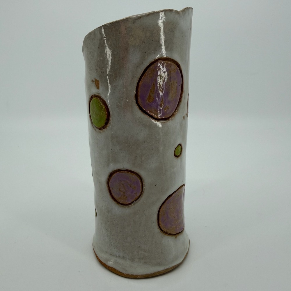 Vtg Studio Pottery Vase Signed Dated Purple Green Polka Dot Handmade Ceramic - Picture 5 of 8